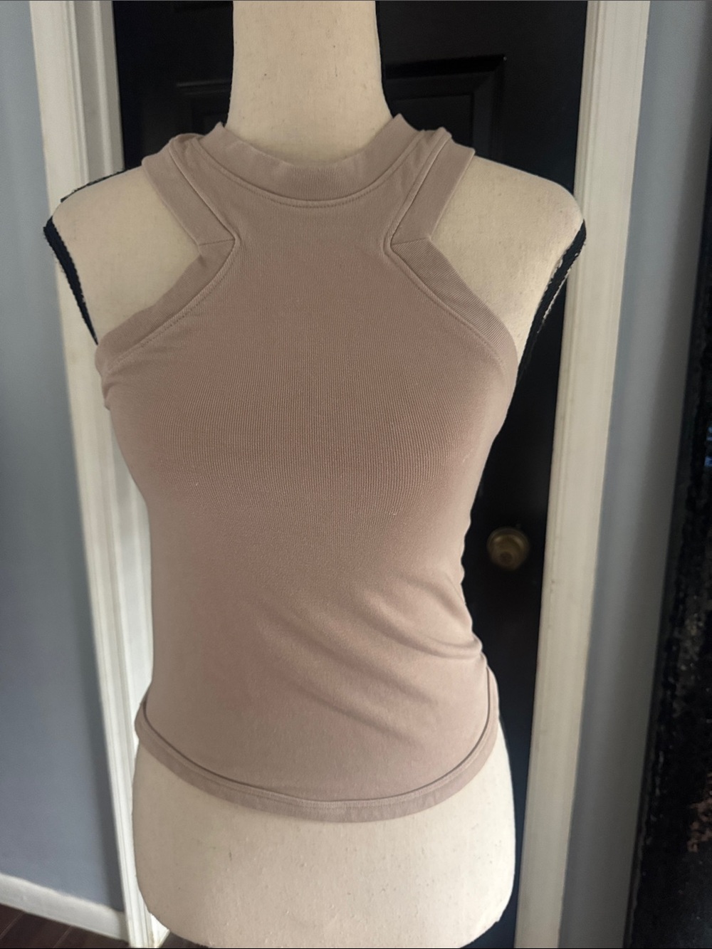 Sleeveless Mock Neck Cutout Tank Top in Taupe